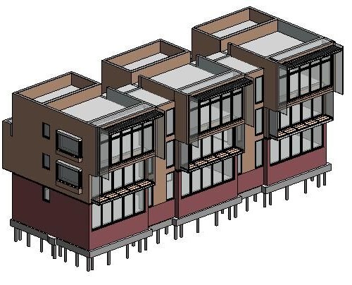  A rendering of three identical buildings with a mixture of red brick base with a front facing side of just windows then a third and fourth storey being made up of brown painted wall.