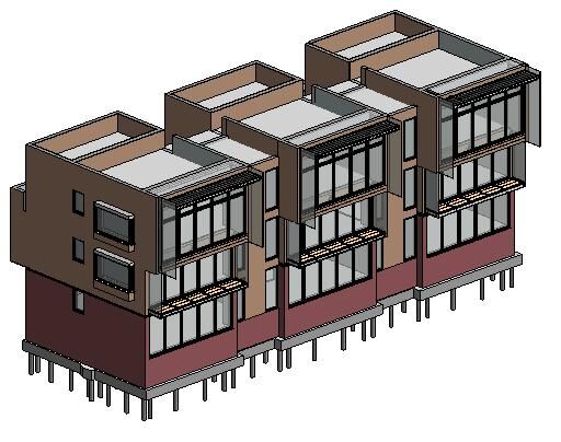  A rendering of three identical buildings with a mixture of red brick base with a front facing side of just windows then a third and fourth storey being made up of brown painted wall.