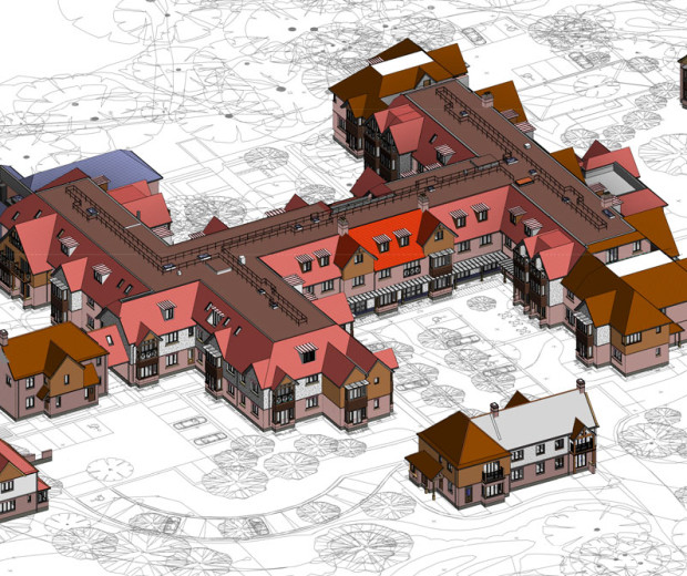  A image rendered to show a community off houses raised from a sitemap.