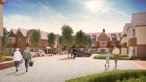 A rendering of a collection of houses with a mix of cars and people at the front of the houses.