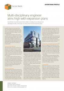 A one page spread regarding Farrow Walsh with the title "Multi-disciplinary engineer aims high with expansion plans"